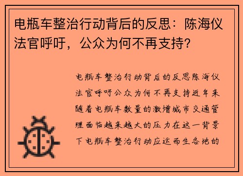 电瓶车整治行动背后的反思：陈海仪法官呼吁，公众为何不再支持？